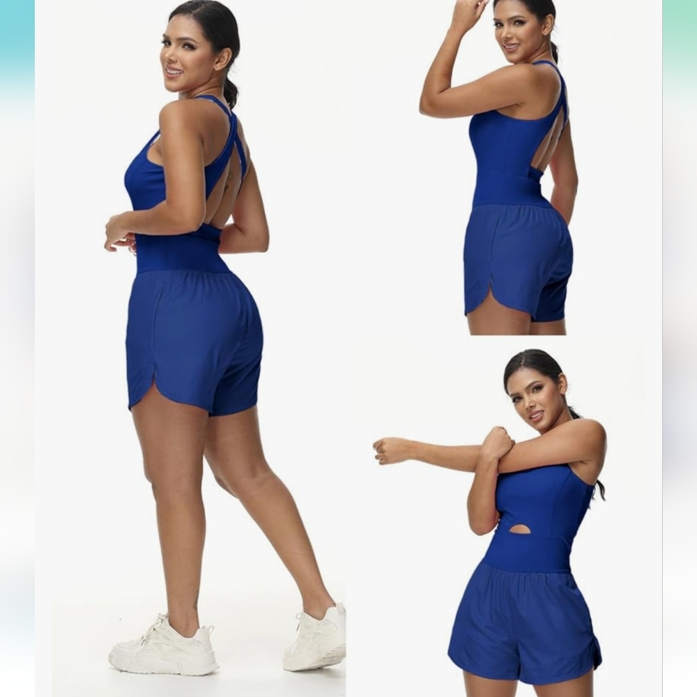 Wenlia Womens Workout Romper Tennis Dress Running Onesie Criss Cross L NWT Swim - Picture 4 of 7